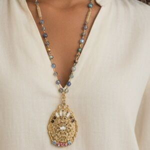 Vintage Boho-Chic Gold-Tone Locket Necklace with Multi-Color Beaded Chain